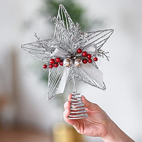 Ornativity Silver Star Tree Topper - Christmas Glitter Silver Star Xmas Holiday Decor Tree Top Decoration with Silver Bells and Mistletoe and Holly Red Berries 11.5"