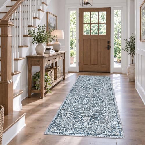 Vintage Washable Kitchen Runner 3x8 Washable 8 ft Blue White Runners
