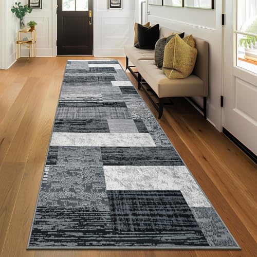 Indoor Washable Runner Rug with Rubber Backing, Modern Geometric Patchwork