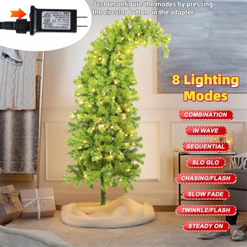 Juegoal 5 FT Artificial Christmas Tree, Pre-Lit Curved Shape Artificial Whimsical Xmas Tree with 150 LED Warm White Lights & Colorful Balls, 8 Lighting Modes Bendable Fake Pine Tree with Metal Base