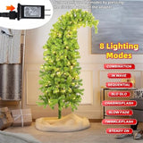 Juegoal 5 FT Artificial Christmas Tree, Pre-Lit Curved Shape Artificial Whimsical Xmas Tree with 150 LED Warm White Lights & Colorful Balls, 8 Lighting Modes Bendable Fake Pine Tree with Metal Base