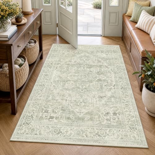 FMFUNCTEX 4x5 Washable Green Neutral Oriental Distressed Entryway Area Rug