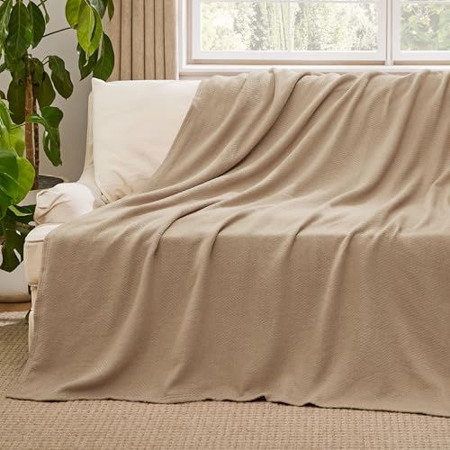 Bedsure GentleSoft 100% Cotton Large Throw Blanket for Couch 50x70 inches - Breathable and Lightweight, Soft Cozy Herringbone Woven Cotton Throw for Summer Spring, Light Brown Office Chair Blanket