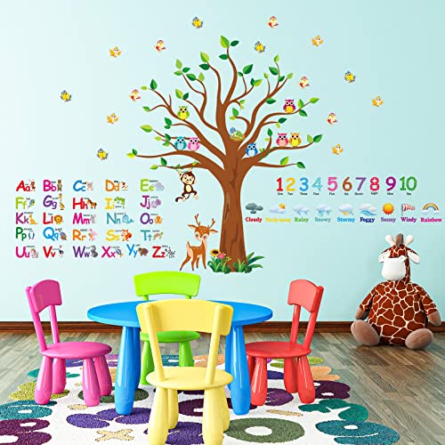 Pajean 4 Sheets Alphabet & Number Wall Decals for Kids Numbers Learning Children Educational Wall Decals ABC Weather Tree Stickers Animal Stickers for Bedroom Classroom Playroom Decor