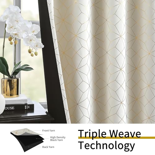 Beauoop 100% Blackout Curtains 84 Inches Long for Bedroom Living Room Moroccan Gold Patterned Drapes Thermal Insulated Grommet Top Window Treatment Panels Set of 2, Beige/Gold