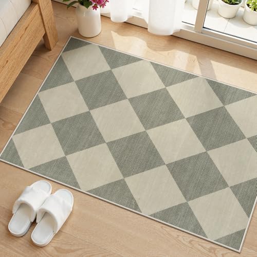 Checkered Washable Entryway Rug 2x3, Non Slip Ultra Thin Green Front Door Mat Indoor Entrance Low Pile Small Kitchen Rug, Moroccan Contemporary Decor Neutral Accent Carpet for Bedroom Bathroom