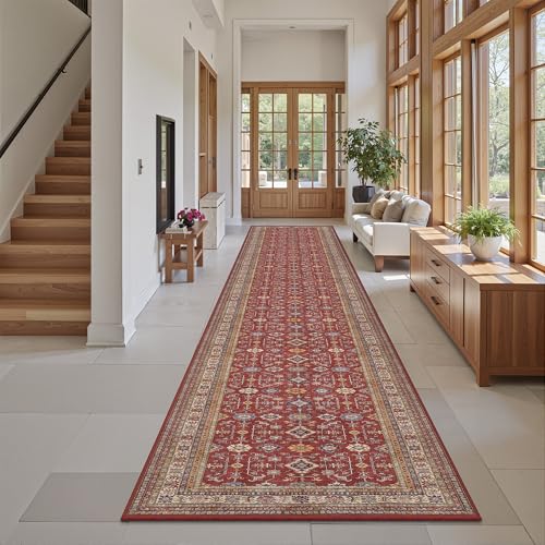 Oriental 2x12 Runner Rug Vintage Hallway Runner Rug Non Slip Machine Washable Stain Resistant Rugs for Bedroom Bedside Kitchen Entryway Burgundy Red Carpet Runners