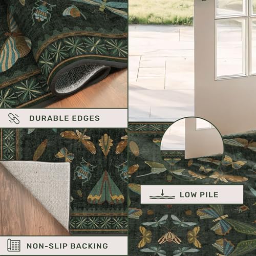 Hazo Haus Dark Green Insect 2x5 Bathroom Runner Rug - Washable Non Slip Runners for Kitchen, Laundry Room, Front Door Mat Entrance, Nature Floral Indoor Floor Décor, Thin Low Pile with Rubber Backed