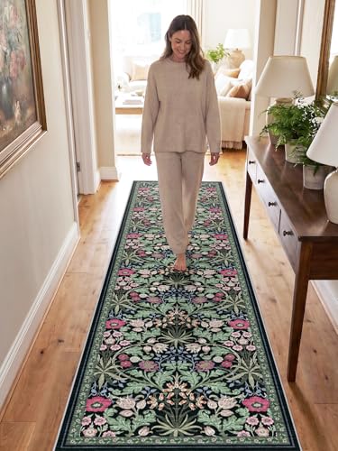 2x8 Washable Runner Rug for Kitchen: Non-Slip Floral Carpet Runners Boho Indoor Rugs for Entryway Hallways - Botanical Soft Low Pile Long Mats for Floor Bedroom Laundry 2x8 Dark Green