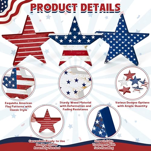 6 PCS 4th of July Wooden Signs, Red White Blue Star Patriotic Table Decor | Stable Base for Steady Standing, 4th of July Decorations, Table Shelf Tray Decor, 250th Anniversary, Memorial Day Display
