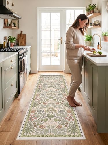 2x6 Non-Slip Runner Rug for Kitchen: Machine Washable Floral Boho Carpet Runners for Bathroom Botanical Indoor Mats for Bedroom Hallway Entryway Laundry - 6ft Low Pile Soft Rugs 2x6 Beige