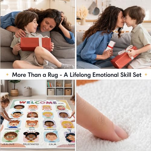 Calming Corner Rug Classroom, Calm Down Corner Rug 4 X 3.3 Ft, Soft Chart Emotion Mental Health Floor Mat for School Bedroom Playroom