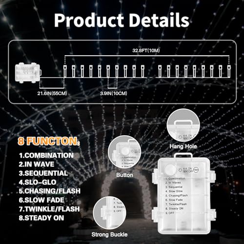 LAMPHOME White Christmas Lights Battery Operated, 34.1FT 100 LED Waterproof String Christmas Tree Lights with 8 Modes, Xmas Decorations for Indoor Outdoor Yard Wedding Home Decor