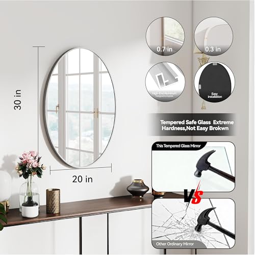 SCWF-GZ 20x30 Oval Mirror Round Full Length Wall Mounted Hanging or Against Wall Metal Aluminum Alloy Frame Dressing Make-up Mirrors for Entryway Bedroom Bathroom Living Room 30 20 inch Silver