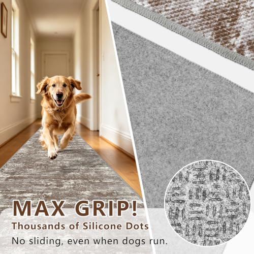 Runners for Hallways Ultra Non-Slip 2x10 Long Runner Rugs Washable Abstract Tear and Stain Resistance No Pile Lightweight Modern Rug Runners for Entryway, Kitchen, Walkway, Entrance, Brown