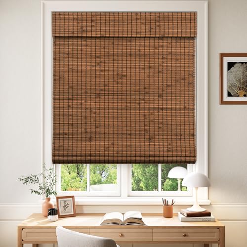 LazBlinds Cordless Blackout Bamboo Roman Shades, Room Darkening Blinds for Interior Windows, Thermal Insulated Roll Up Bamboo Blinds for Home & Patio, 34" W x 64" H, Penang Teak