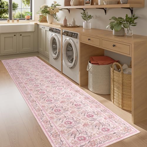 2.6x8 Runner Rug, Washable Vintage Floral Kitchen Runners Rug, Pink