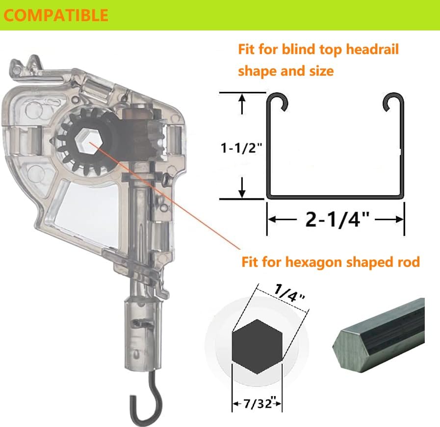2pcs Low Profile Wand Tilter Mechanism with 7/32" Hexagon Shaped Gear Hook Connection for Low Rail Horizontal Wood and Faux Wood Blinds headrail