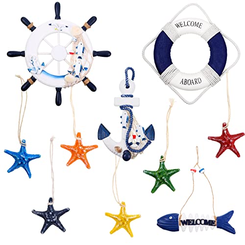 Marsui 11 Pcs Wooden Nautical Wall Decor Fishing Net Decorations, Include Decorative Fishing Net, Ship Wheel, Fish Skeleton, Life Ring, Anchor, Starfish Beach Decor for Mediterranean Party (Blue)
