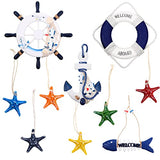 Marsui 11 Pcs Wooden Nautical Wall Decor Fishing Net Decorations, Include Decorative Fishing Net, Ship Wheel, Fish Skeleton, Life Ring, Anchor, Starfish Beach Decor for Mediterranean Party (Blue)