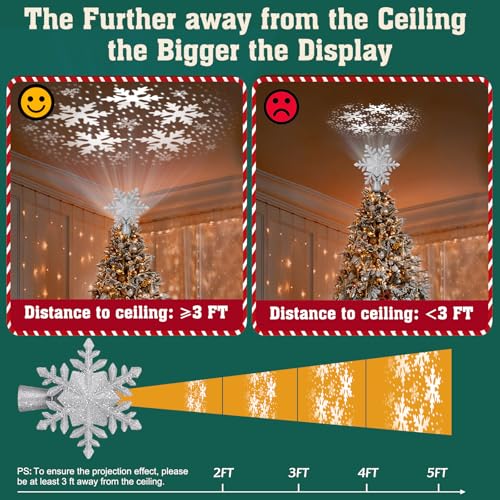 Christmas Tree Topper Lighted with 6 Projection Slides, PliMook Snowflake Christmas Tree Topper LED Rotating 3D Lighted Tree Toppers Glitter Tree Topper Projector for Christmas Tree(Silver)