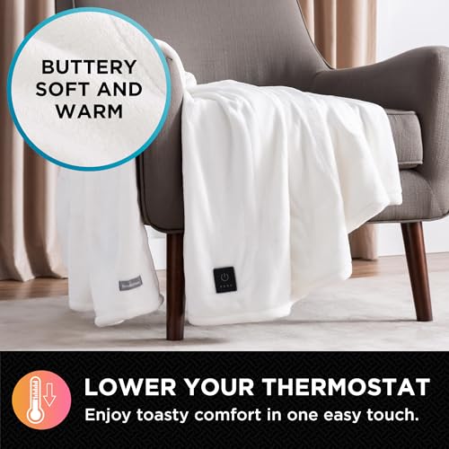 Brookstone Electric Heated Plush Throw - Heated Blankets - 4 Heat Settings, 4-Hour Auto Shut Off, 100% Polyester, 50"x60" - Ivory