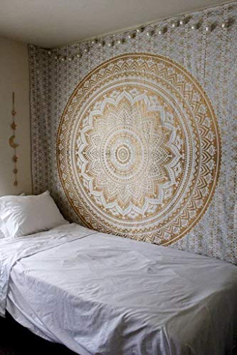 ANJANIYA Ombre Wall Hanging Bohemian Tapestry, Metallic Wall Art Bedspread, Psychedelic Hippie Mandala Dorm Décor for Hanging, Bedding, Beach Coverlet Curtain, Gold, 54"X60"