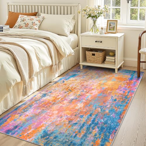 Entryway Rug 3x6 Rainbow Bedroom Area Rug Washable Non Slip Abstract Boho Rugs for Indoor Entry, Kitchen, Classroom, Bathroom, Kids Girls Room, Office, College Dorm Small Carpet