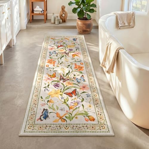 2x6 Kitchen Runner Rugs Non Slip Washable, Beige Floral Runner Rug for Hallway Bedroom Bathroom, Pet & Kids Friendly, Soft Low Pile Stain Resistant Foldable Floor Carpet