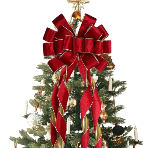 LaRibbons Large Red Velvet Christmas Tree Topper Bow, 13"x51" Holiday Ribbon Tree Topper, Classic Christmas Tree Decoration with Gold Trim, Xmas Indoor Outdoor Ornament