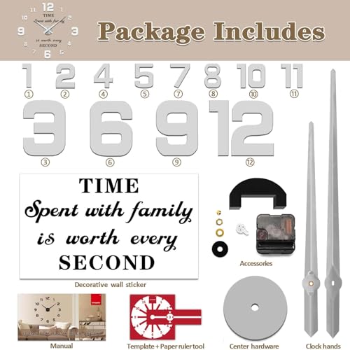 VANGOLD Large Wall Clock DIY Wall Decorations 3D Sticker Frameless Clock for Home Living Room Bedroom Office Decor