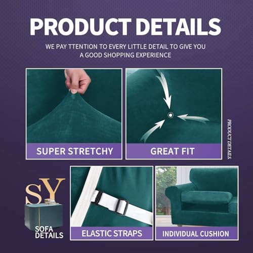 ZNSAYOTX Luxury Velvet Chair Slipcovers with Arms 2 Piece Stretch Chair Covers for Living Room Soft Armchair Slipcover Anti Slip Dog Pet Friendly Furniture Protector (Deep Teal),30"-47"(1 Cushion)