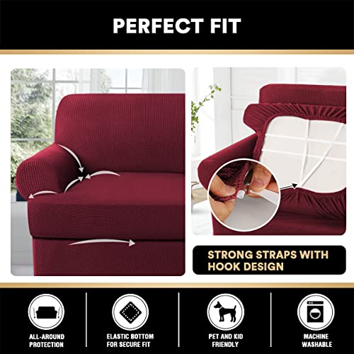 T Cushion Sofa Slipcovers Bundle 3/4 Pieces Sofa Covers, Furniture Protector, Plaid Pattern, Removable and Washable, Burgundy