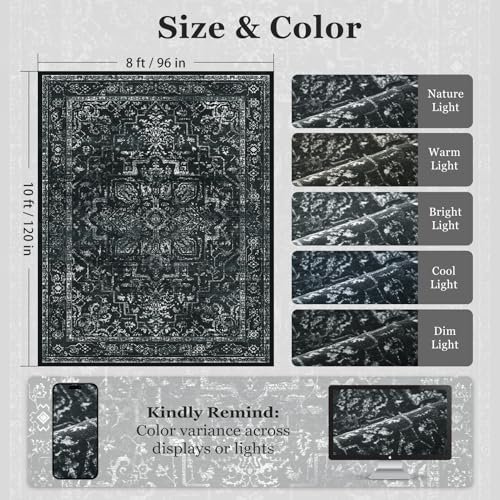 Black Vintage Distressed 8x10 Area Rugs for Living Room, Washable Non Slip Bedroom Rugs Under Bed Faux Wool Soft, Dark Medallion Pinted Thin Carpet for Dining Room Home Office