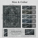 Black Vintage Distressed 8x10 Area Rugs for Living Room, Washable Non Slip Bedroom Rugs Under Bed Faux Wool Soft, Dark Medallion Pinted Thin Carpet for Dining Room Home Office