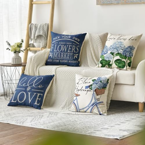 AVOIN colorlife Hello Love Blue Hydrangea Bicycle Throw Pillow Covers, 18 x 18 Inch Flowers Summer Spring Mother's Day Cushion Case for Sofa Couch Set of 4