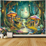 Maccyafst Blacklight Mushroom Tapestry UV Reactive Misty Forest Landscape Tapestry Fantasy Fairy Wonderland Butterflies Wall Hanging Waterfall Jungle Plants Backdrop for Bedroom