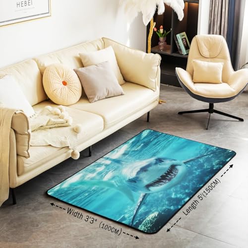 Shark Area Rugs 3x5, 3D Shark Decorative Rug, Ocean Wave Carpet Mat for Kids Boys Bedroom Bedside Sea Animals Accent Rug Set Ocean Sea Wave Living Room Rugs Blue White,Non Slip Washable