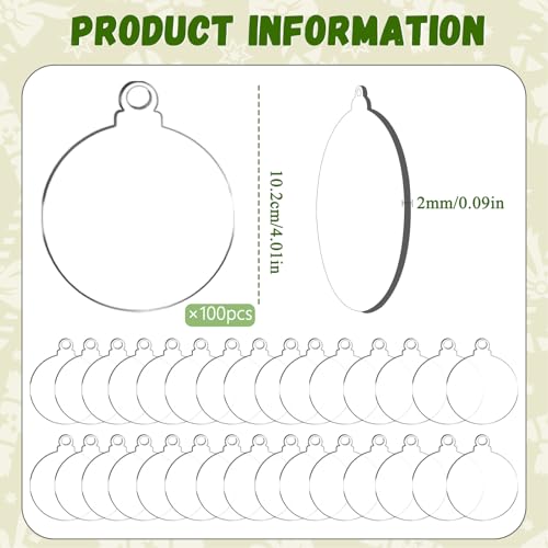 100 Pack Christmas Tree Ornaments Blanks - 4 Inch Clear Round Acrylic Flat Disc Ornaments Blanks Christmas DIY Crafts Transparent Circle Discs for Xmas Winter New Year Party Hanging Decorations
