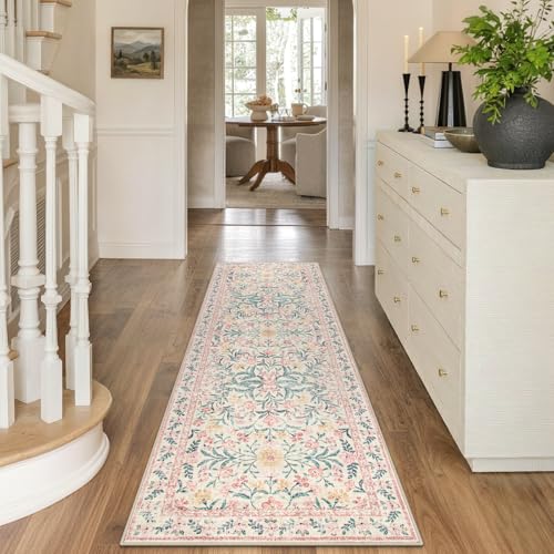 Morebes Boho Hallway Runner Rug 2x6, Pink Floral Kitchen Runner Rugs for Bedroom Girls, Washable Non Slip Super Soft Indoor Throw Carpet for Bathroom Laundry Room Entryway