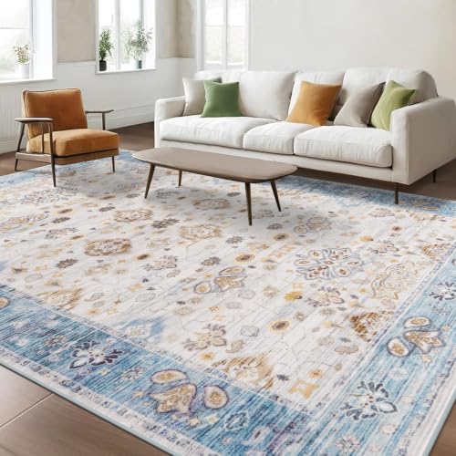 6x9 Area Rugs for Living Room, Washable Rug Vintage Floral, Blue