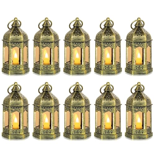 Mini Lantern with Flickering LED Candles Set of 10, Hewory Gold Vintage Decorative Hanging Candle Lanterns for Halloween, Christmas, Wedding Decorations, Party, Table Centerpiece, Battery Included