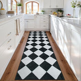Checkered Print Washable Rug Runners for Hallways Non Slip 2.5x10, Ultra Thin Black Kitchen Runner Stain Resistant Hallway Runner Rug 10 ft, Checkerboard Carpet for Bathroom Entryway Decor