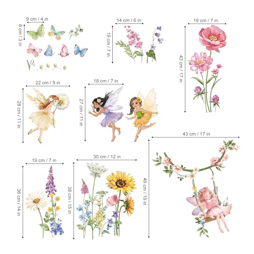 decalmile Flower Fairy Wall Decals Butterfly Girl with Wildflower Sunflower Wall Stickers Girls Bedroom Baby Nursery Kids Room Wall Decor