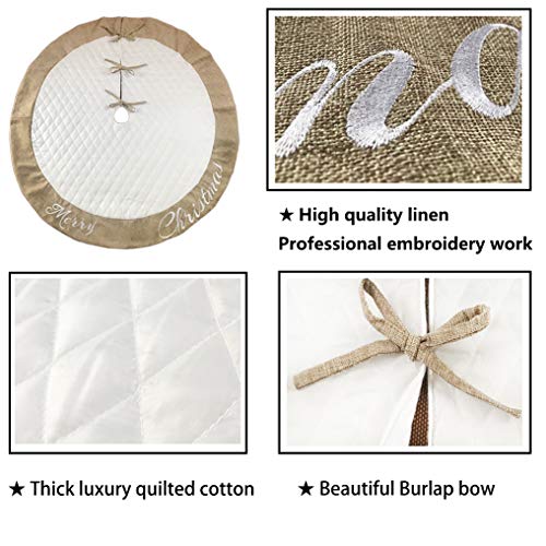 48 Inch Christmas Tree Skirt White Thick Luxury Quilted Cotton with Burlap Decoration for Merry Christmas Party Christmas Tree Skirt Decorations