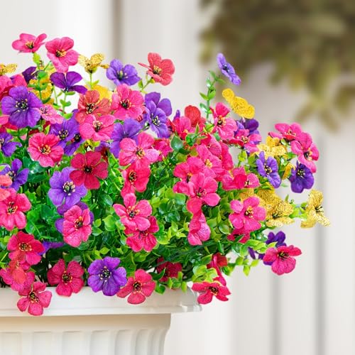 16 Bundles Artificial Fake Flowers Plants for Outdoors Spring Summer Decor,Faux Flowers Plant Silk Daisy UV Resistant for Outside Planters Front Porch Patio Yard Garden Home(Red,Purple,Yellow,Fuchsia)
