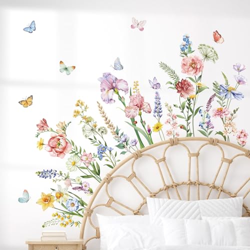 decalmile Spring Garden Flower Wall Stickers Wildflower Iris Butterflies Wall Decals Living Room Girls Bedroom Baby Nursery Wall Decor