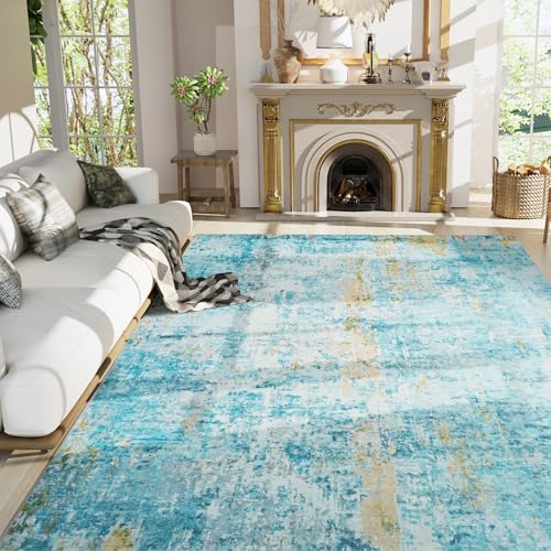 Living Room Rug 8x10 Teal Blue Area Rugs Machine Washable Abstract Boho Large Rug Non-Slip Non-Shedding Faux Wool Indoor Vintage Carpet for Bedroom, Classroom, Dining Room, Kids Playroom