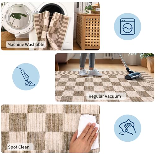 GarveeHome 2×6 Kitchen Runner Rug Non Slip Brown Checkered Rug,Washable Runner Rug for Hallway Soft Low-Pile Geometric Tan Brown Print Checkerboard Rugs for Entryway Kitchen Dining Room