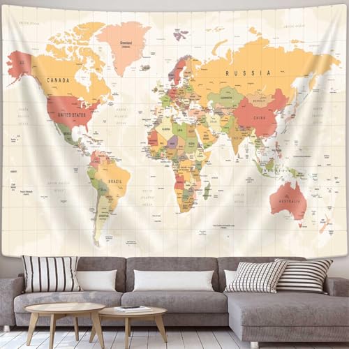 JAWO World Map Tapestry, Map of the World with Countries and Major Cities Wall Tapestries for Kids Student, World Map of the World Tapestry 60X40 Inch(Yellow)